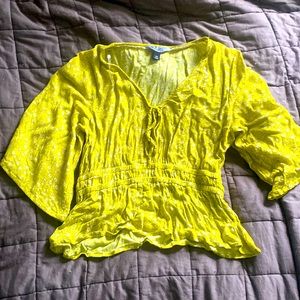 Yellow V-Neck Blouse with Flare Sleeves